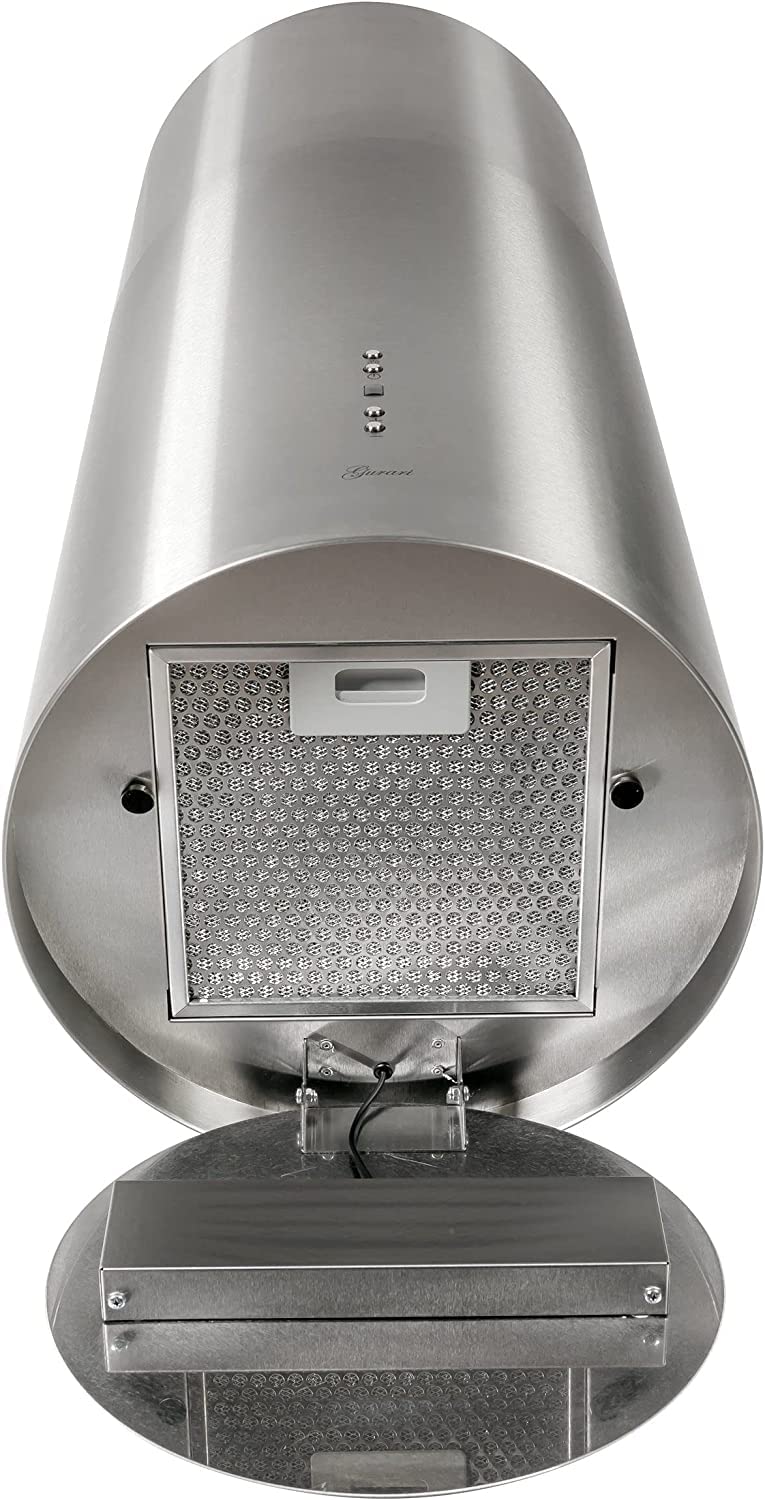 GURARI Cappa isola 385 36 IS Pr, cappa rotonda 36 cm, acciaio inossidabile, cappa a a soffitto, 1000 m³/h, base in vetro bianco, 4 livelli, display LED, estrazione del bordo