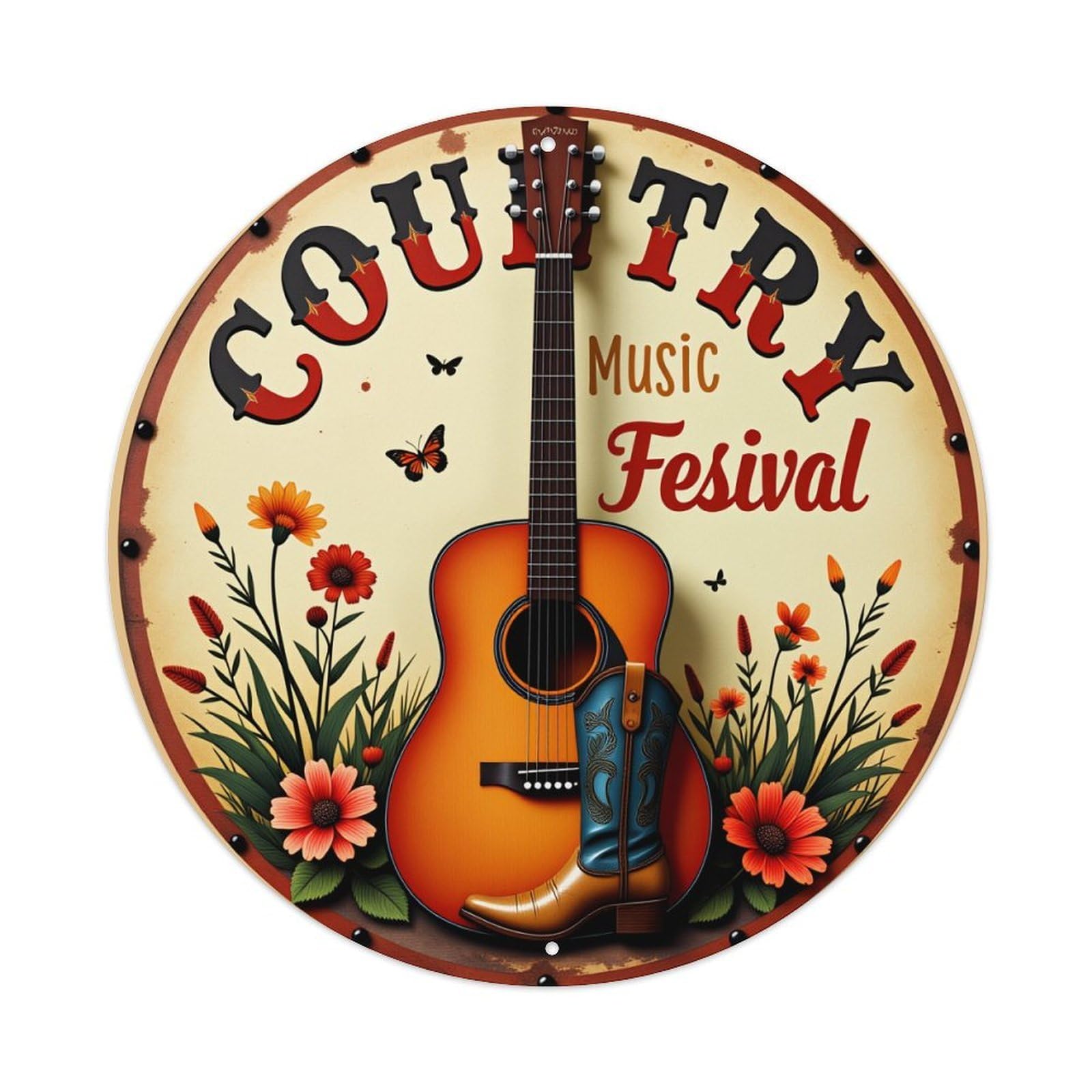 Lzwbntey Vintage Country Music Festival Guitar Flowers Metal Tin Sign Retro Wall Decor For Home Bar Garage Cafe, Indoor & Outdoor Decorative，Circle Metal Poster, 8X8 Inch