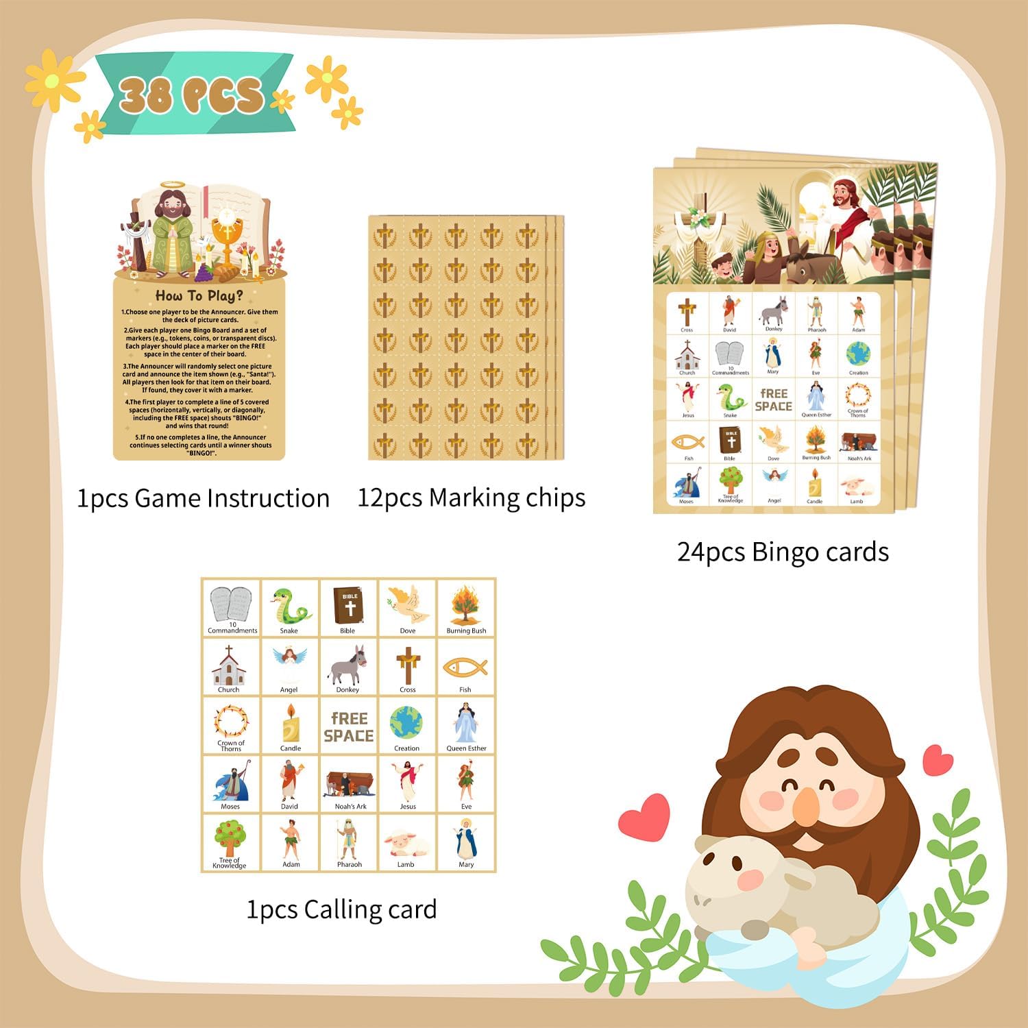 Bible Bingo Game, 38pcs Biblical Party Favors Set Including Bible School Bingo Cards for Religious Party Decorations Biblical Party Decorations