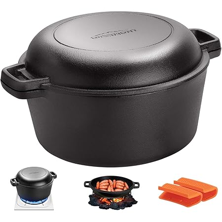 Overmont Dutch Oven 5 QT Cast Iron Casserole Pot + 1.6 QT Skillet Lid Pre Seasoned with Handle Covers & Stand for Camping Home Cooking BBQ Baking