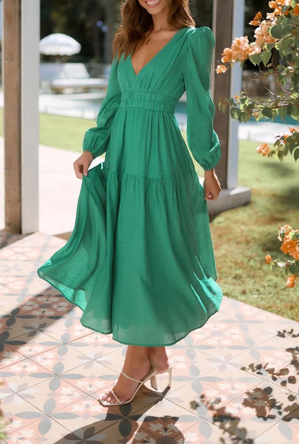 R.Vivimos Womens Casual Long Sleeve Midi Dress Deep V Neck Elastic Waist A-Line Tiered Flowy Elegant Dresses - Image 5