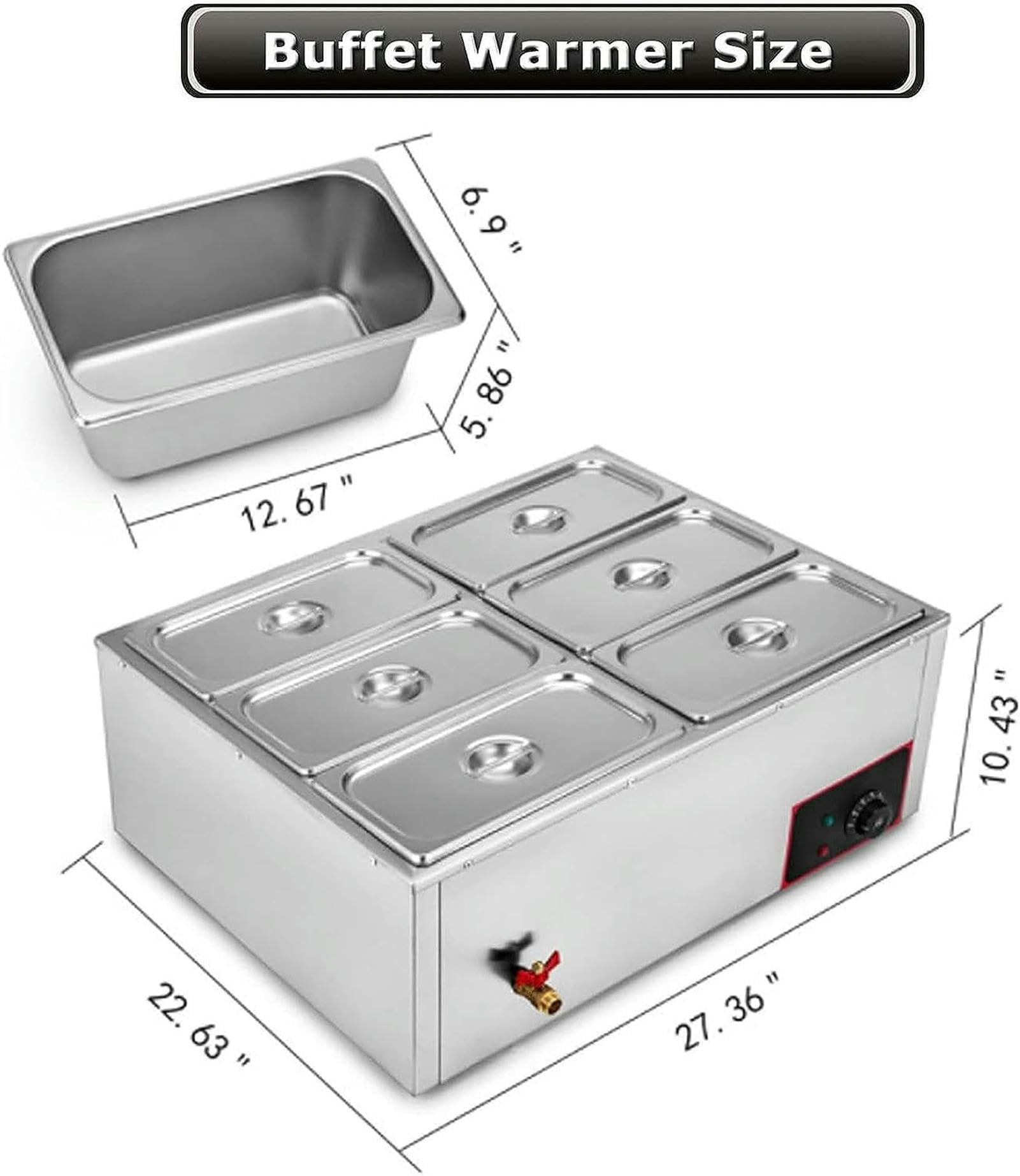 Scaldavivande elettrico da banco, 6 padelle, vassoio scaldavivande da 850 W, grande capacità, vassoi da buffet da 7 litri per buffet catering, intervallo di controllo della temperatura 30-85 °C