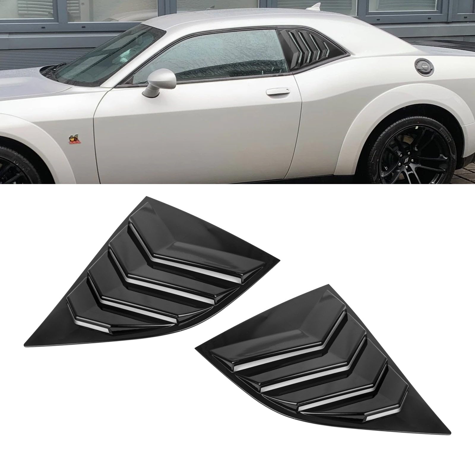 x xotic tech Side Window Louver Windshield Scoop Blinds Sun Shades Cover Trim Compatible with Dodge Challenger 2008-up Exterior Accessories Decoration (Glossy Black)