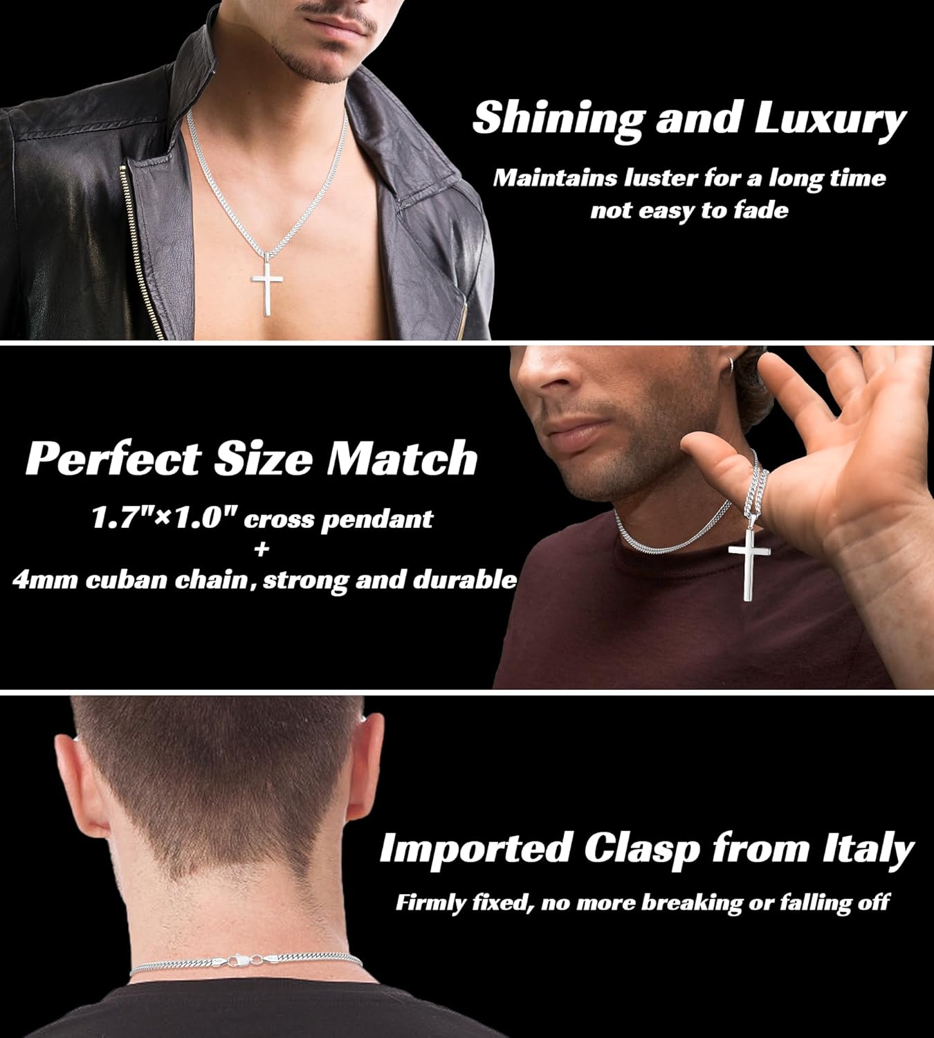 S925 Sterling Silver Thick Cross Necklace for Men, 18k Gold Plated Sterling Silver Cross Necklace with World's Top 4mm Cuban Chain for Men Boys Women, Minimalist Trendy Necklaces 16-26 Inch - Image 2