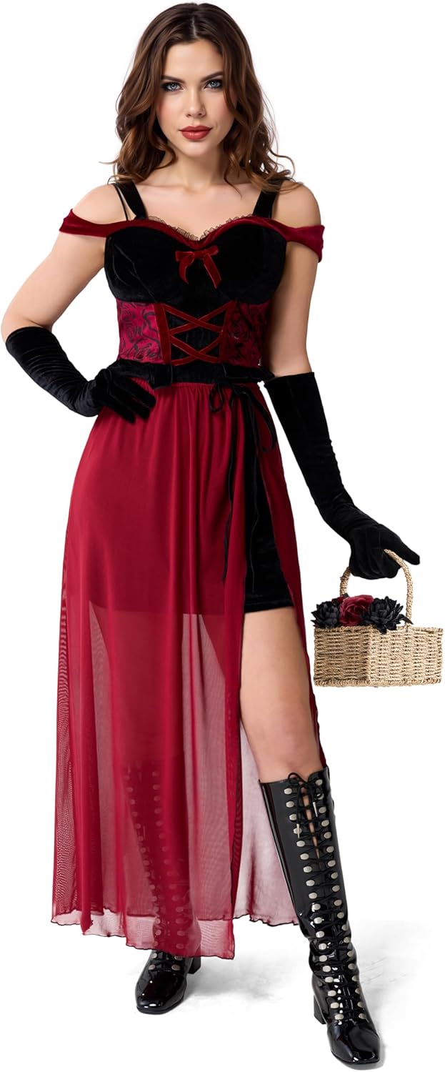 Spooktacular Creations Little Red Riding Hood Costume Women, Dark Red Velvet Dress Hooded Cloak for Fairy Halloween Parties - Image 5