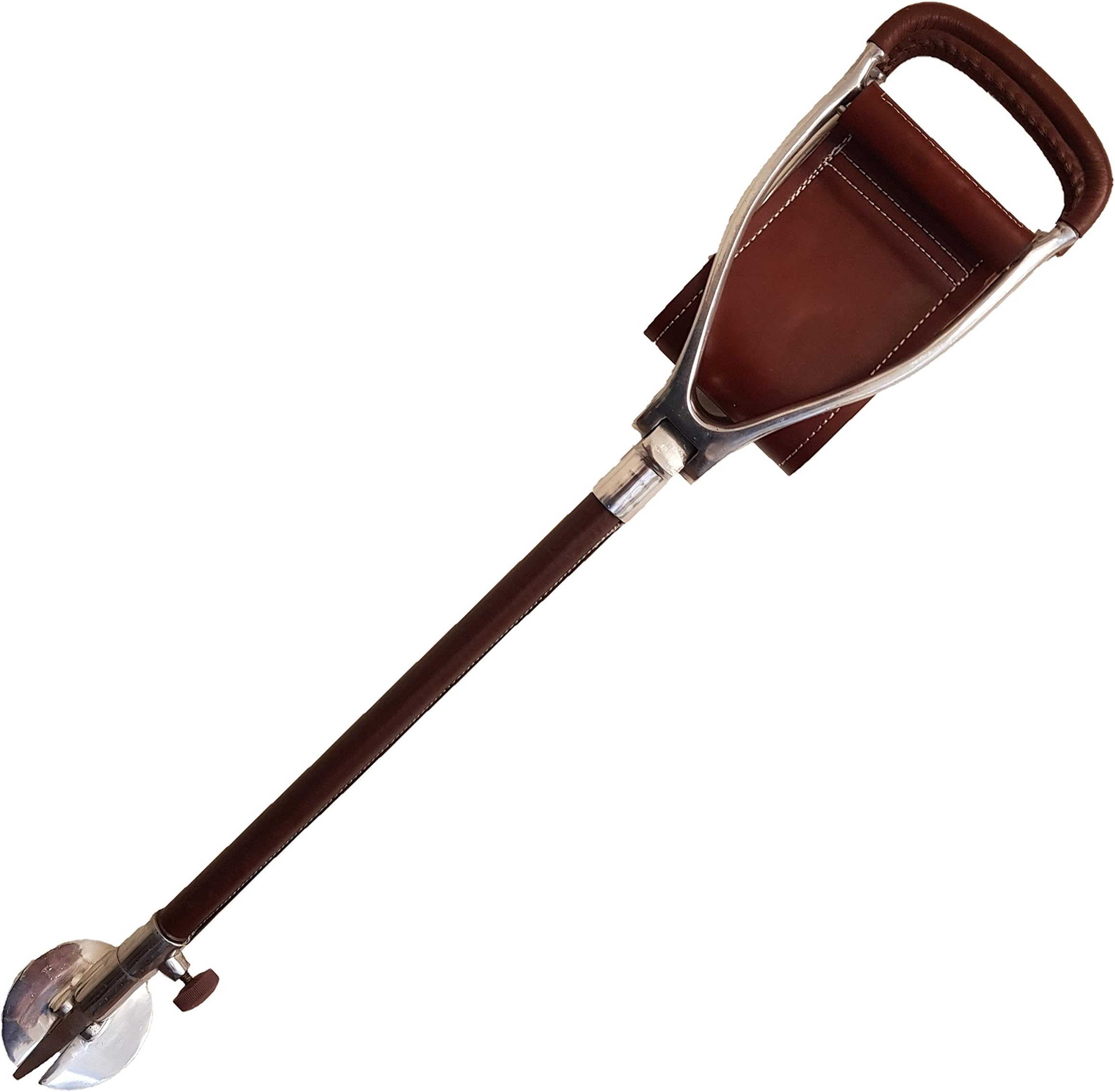 Walking Seat Shooting Stick, Height Adjustable with Leather Seat in brown. Faux leather covered shaft.Comes with Rubber Ferrule for Hard Ground