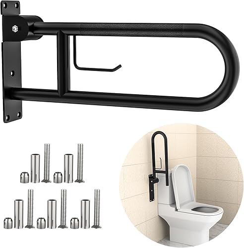 YuanDe - Barra de agarre para inodoro de 22.4 pulgadas, riel de soporte antideslizante blanco, barra de agarre abatible en forma de U con soporte