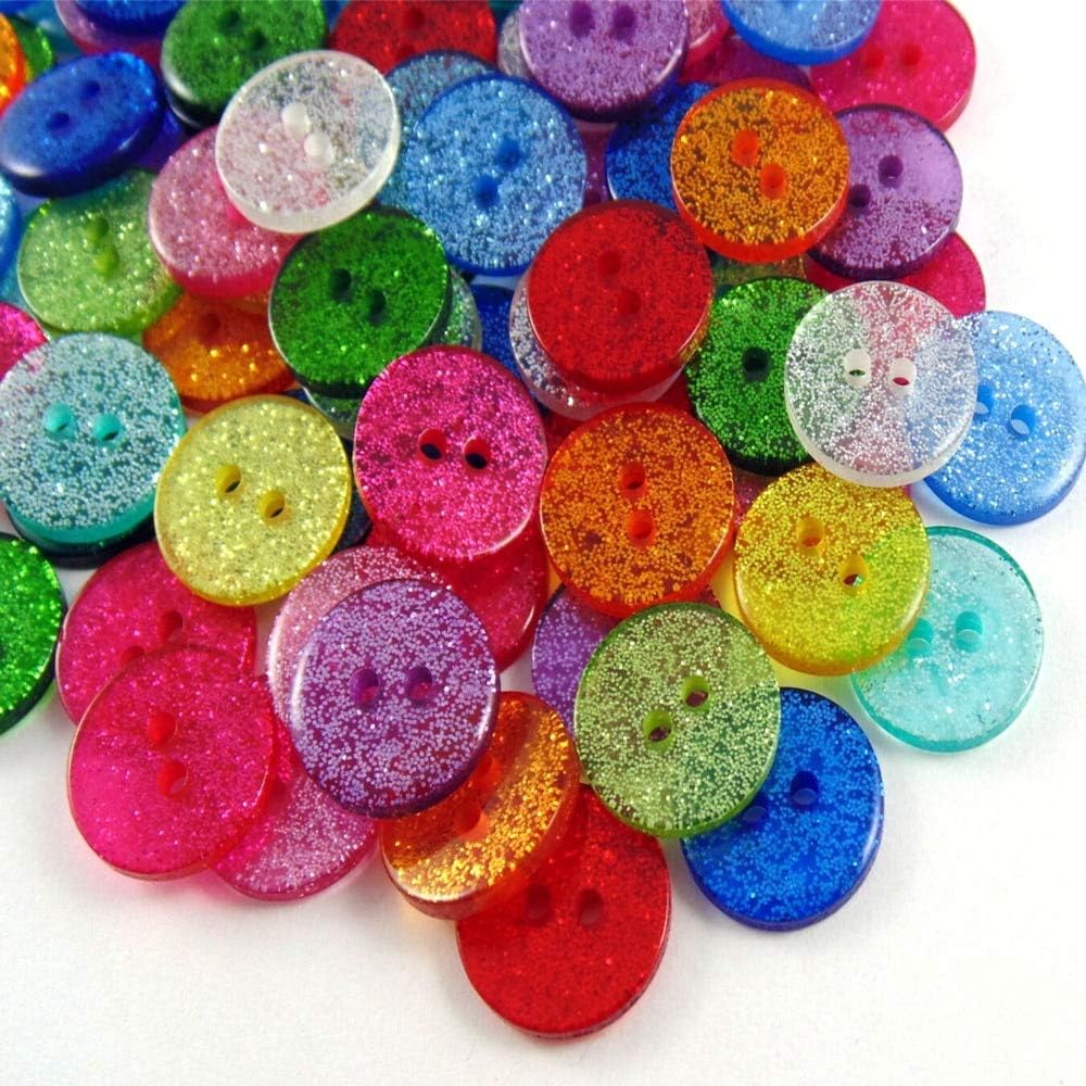 200pcs 15mm/ Mixed Glitter Resin Round 2 Holes Buttons Sparkle Sewing Clothing Accessories Christmas Crafts DIY - (Size: 15mm)