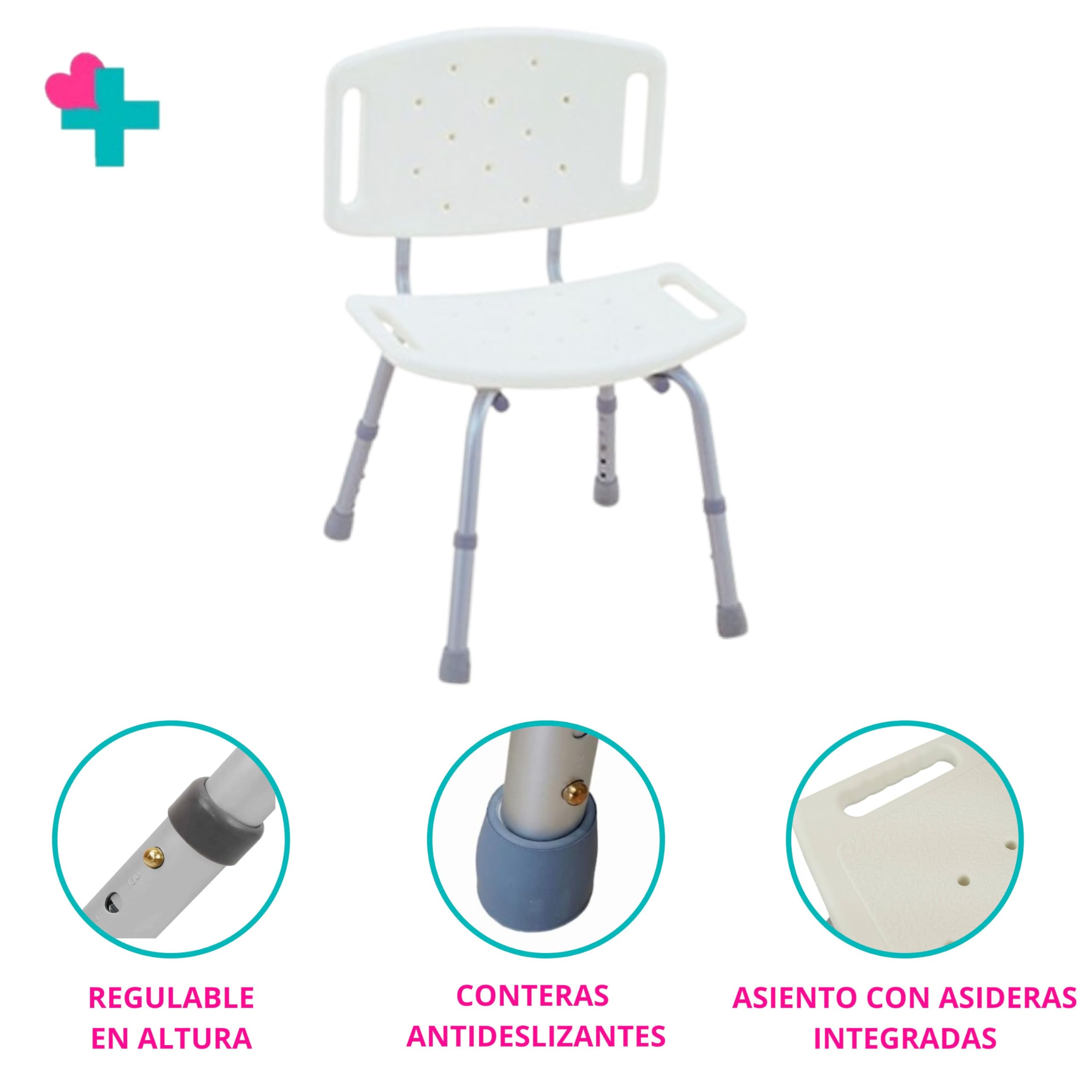 Asiento Ducha con Respaldo. Silla Ortopedica Ducha Antideslizante. Silla de Baño Geriatrica. Silla para Plato de Ducha Regulable en Altura. Silla de Ducha para Personas Mayores.
