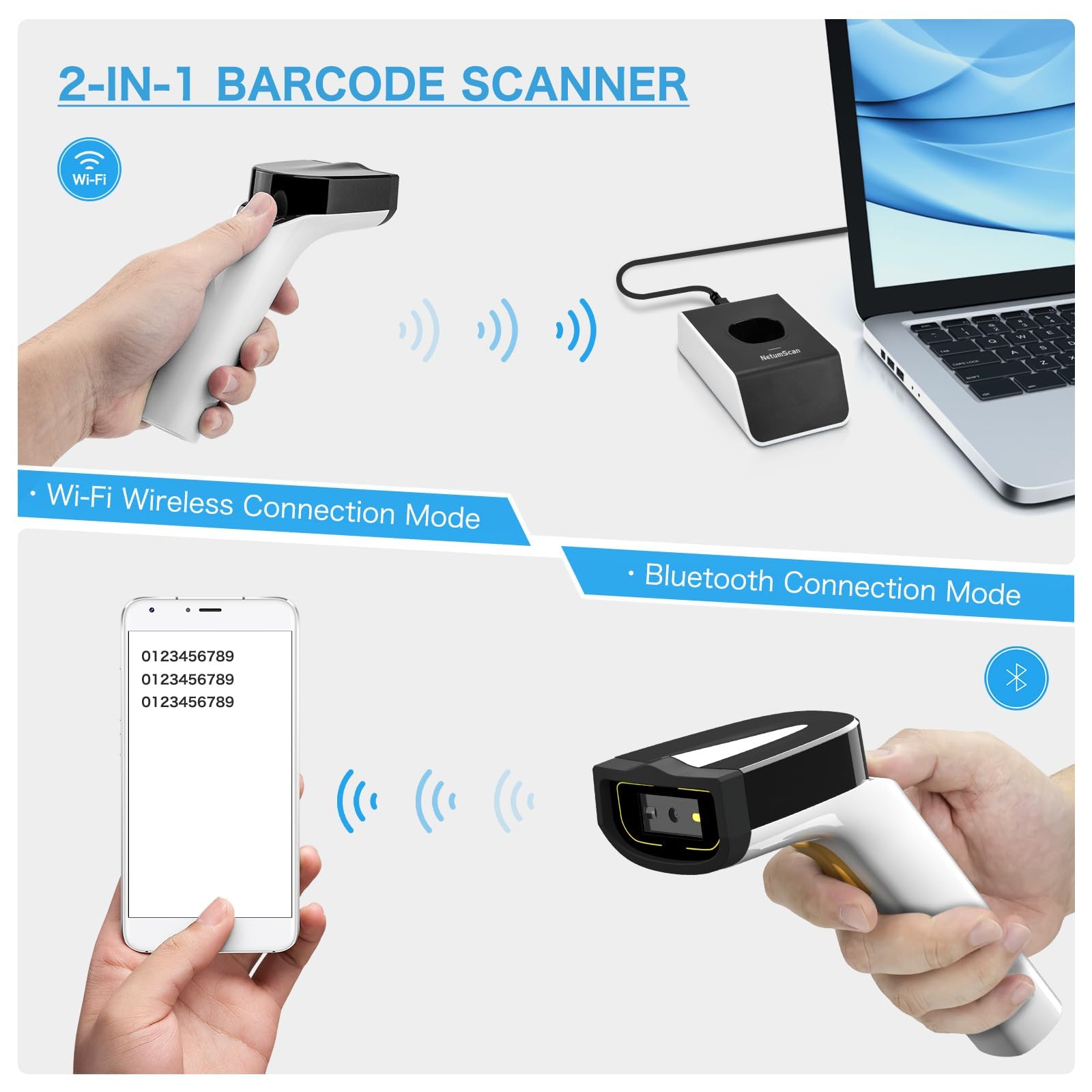 NetumScan DS2800 Scanner Code-Barres 1D/2D WiFi Bluetooth Sans Fil – TCP/UDP MQTT HTTP, Lecture QR PDF417, Pour Stock POS Commerce
