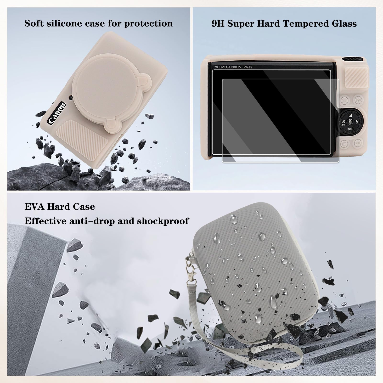 VOVMOEYA Custodia per fotocamera PowerShot SX730/SX740 HS, sx730/740 hs, kit di accessori, custodia rigida in EVA + custodia protettiva in silicone morbido + 2 pellicole temperate LCD, Grigio/rosa