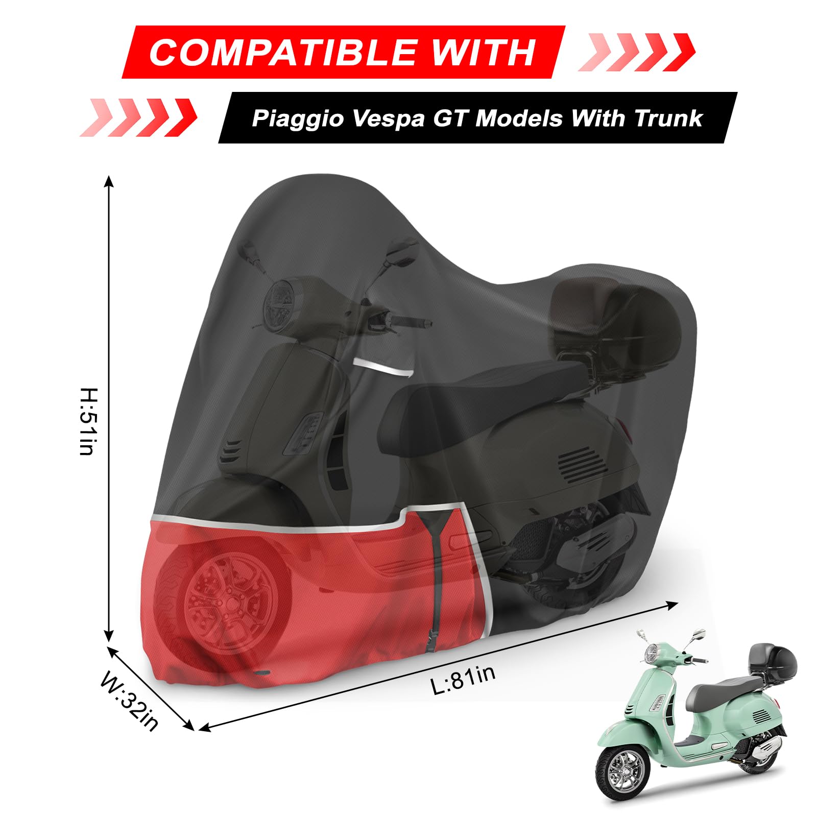 Telo Copri da Esterno per Piaggio Vespa GTV GTS GT60/125/200/250/300 (con bagagliaio), Telo Copertura Coprimoto Copri Moto Vespa 125 420D Tessuto Oxford Impermeabile, Nero e rosso