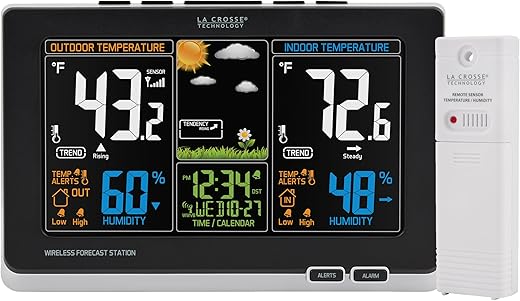 La Crosse Technology Advanced Weather Station with Full-Color LCD & Atomic Time - Monitor Indoor/Outdoor Conditions with Temperature Alerts and Humidity Readings with Transmission Range of 300 Feet