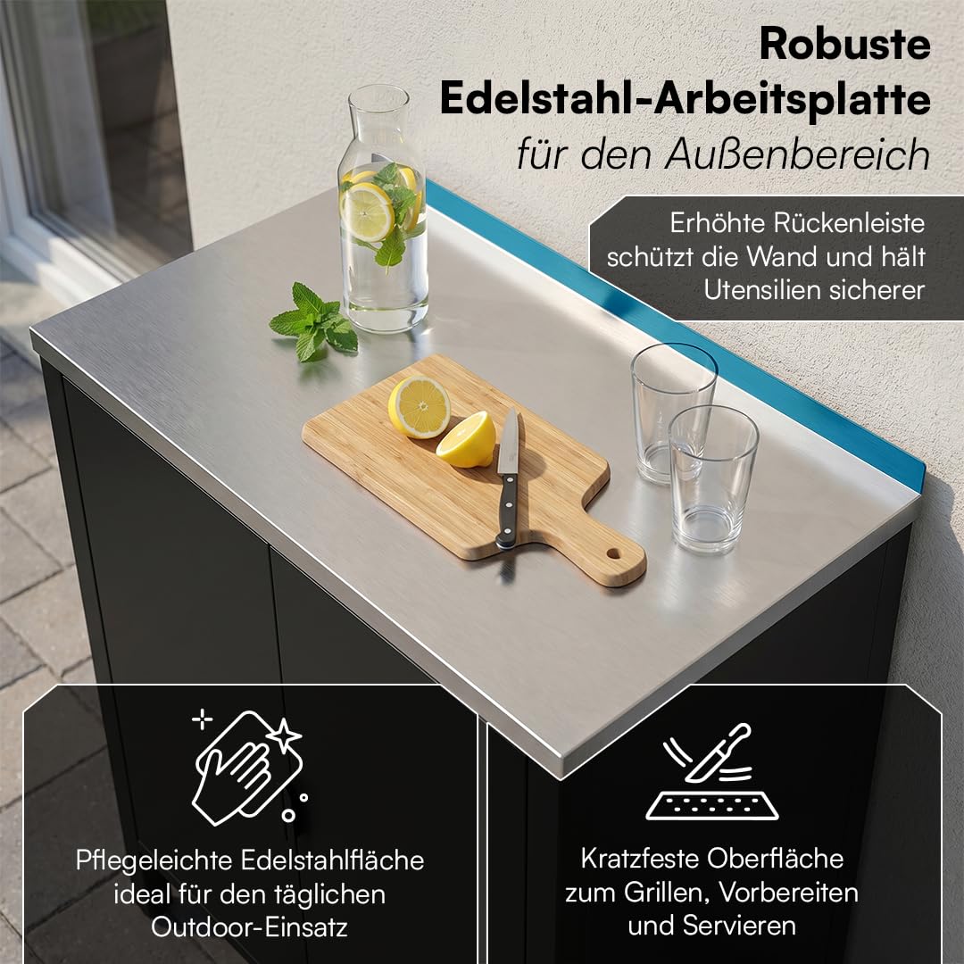 STEELSØN Zephios Gartenschrank 94,5x80x50 cm – Outdoor Küchenschrank mit Edelstahl Arbeitsplatte & 2 Fächern – stabile Kommode aus Metall – Terrassenschrank wetterfest Terrasse/Grillstation, schwarz
