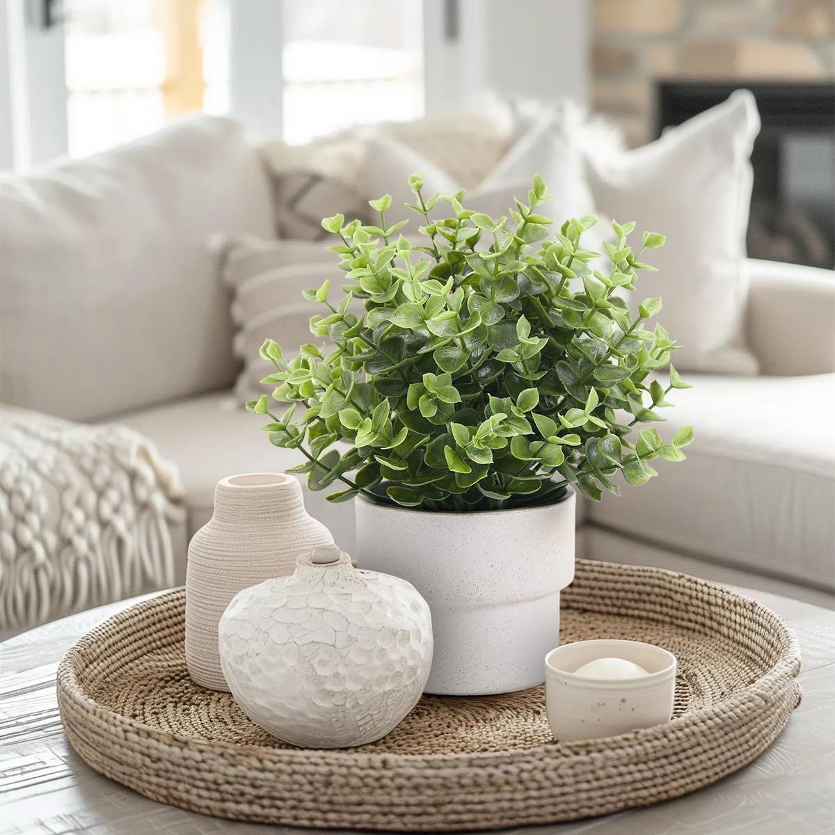 Small Fake Plants 7.45” Eucalyptus Potted Artificial Eucalyptus Plant for Home Bathroom Office Farmhouse Restroom Shelf Desk Mantel Coffee Table Decor (Green) - Image 4