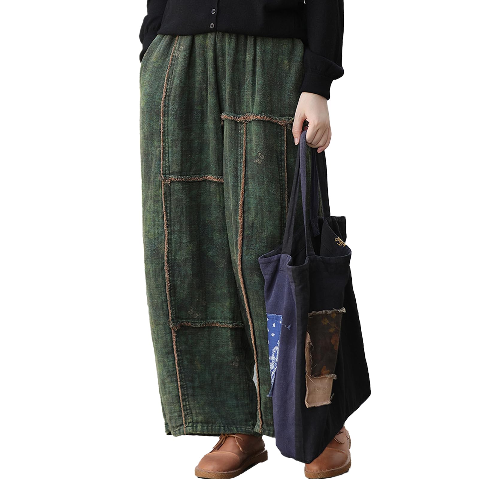 LUZU JUNU Womens Cotton Loose Patchwork Wide Leg Casual Lounge Vintage Boho Cropped Pants with Pocket