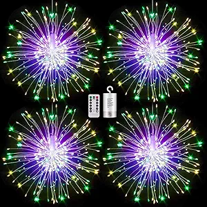 FOOING 4 Pack Firework Lights Led Copper Wire Starburst String Lights 8 Modes Battery Operated Fairy Lights with Remote, Wedding Christmas Decorative Hanging Lights for Party Patio