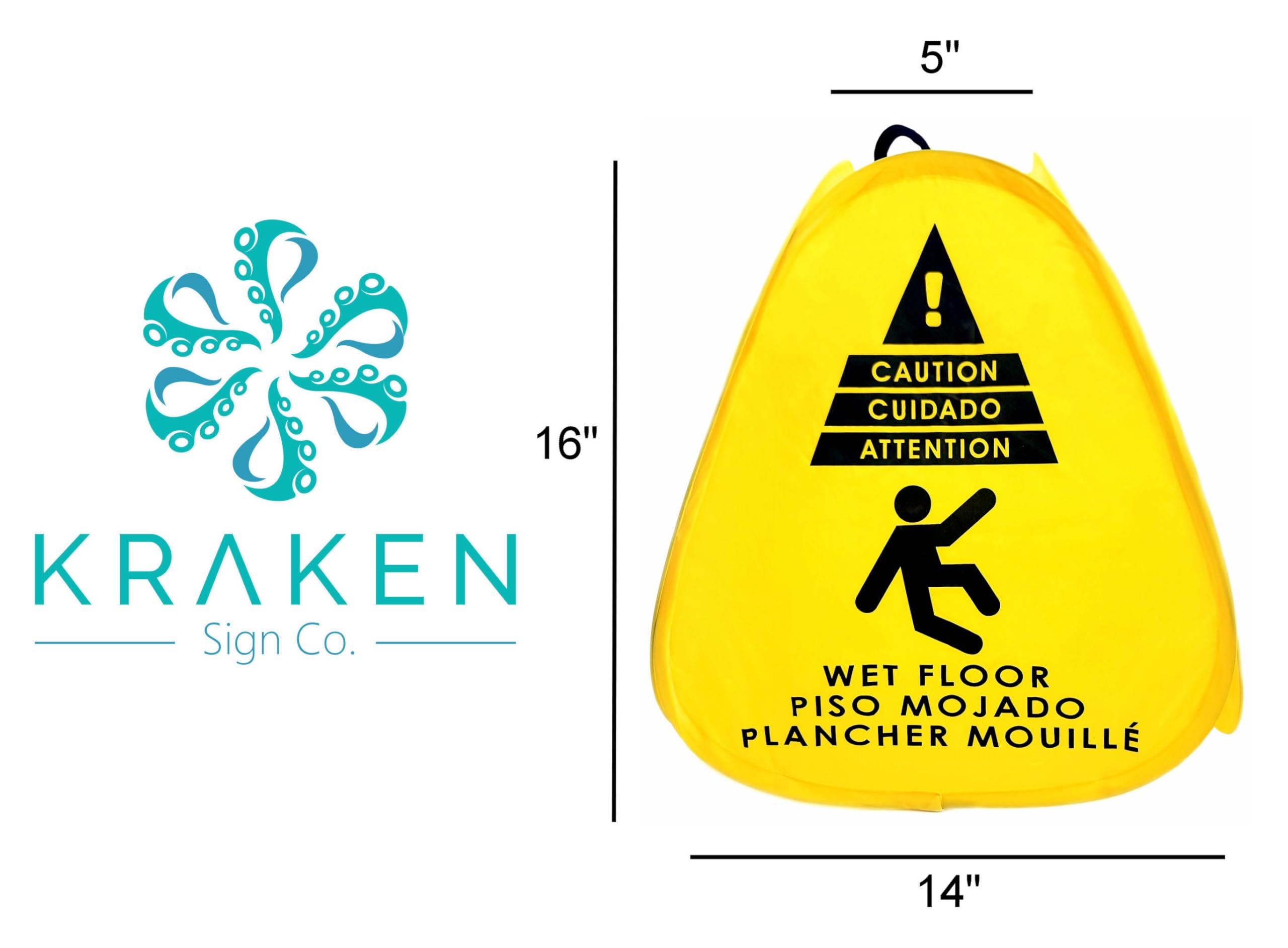 Kraken Sign Co - Señal emergente amarilla bilingüe de 4 lados bilingüe inglés/español/francés, advertencia emergente de precaución para suelo húmedo, 40.6 cm para restaurante, seguridad comercial e
