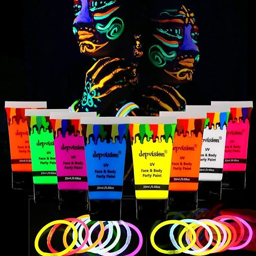 Depvision - Pintura UV para rostro y cuerpo que brilla en la oscuridad, 8 x 0.7 fl oz (0.68 fl oz), fluorescente reactiva a la luz negra neón para