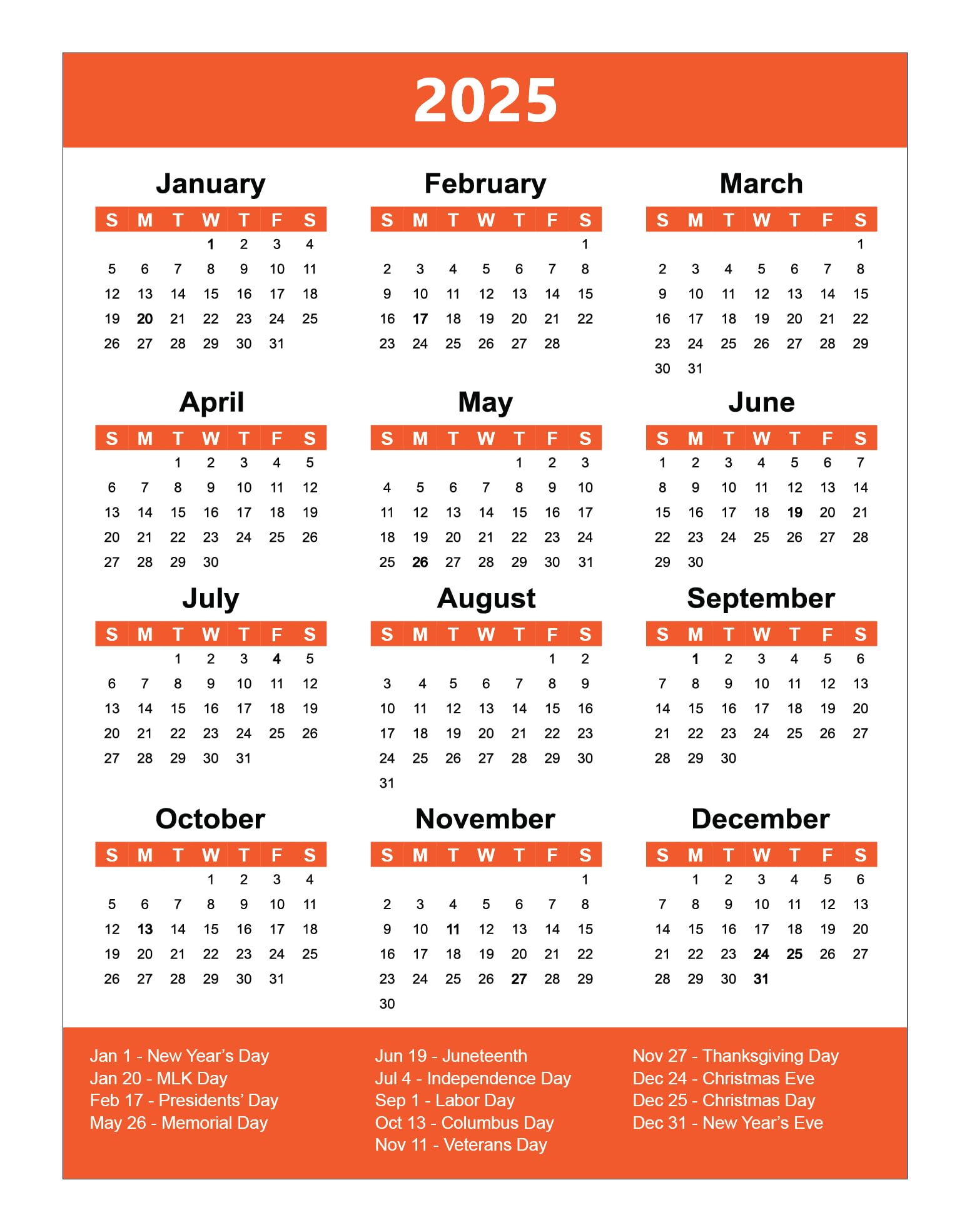 2025 Full Yearly Calendar Magnet by DCM Solutions (Burnt Orange, 4.5"W x 6"H)