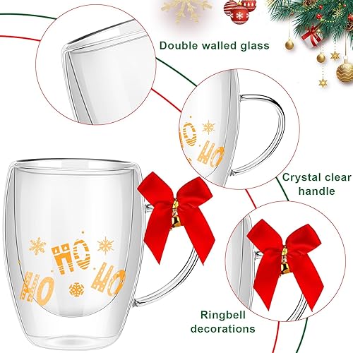 Miniatura 4 de 6 tazas de café de cristal de Navidad de 12 onzas, taza de vidrio de doble pared con asa, taza de Navidad aislada con anillo de copo de nieve, arco