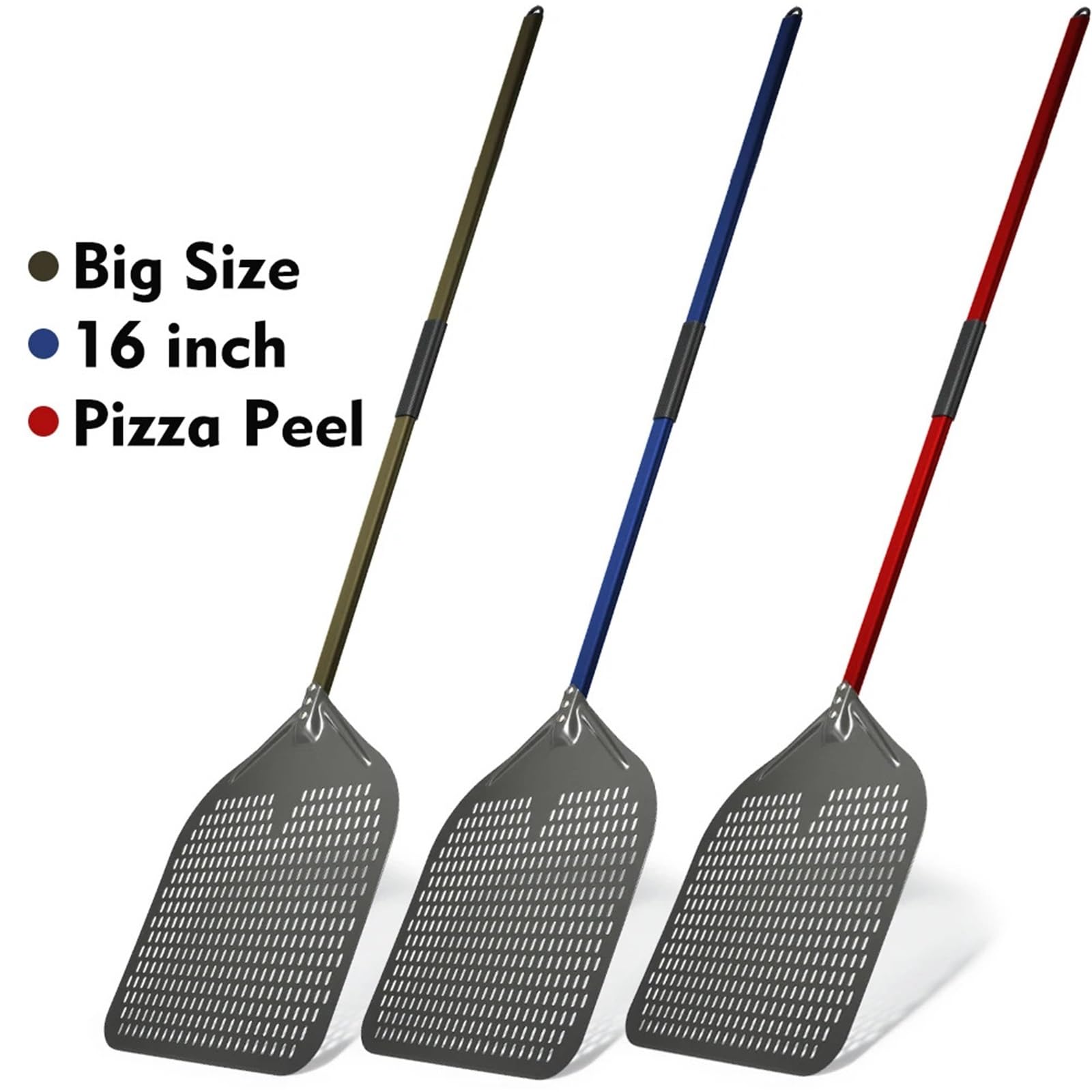 Pizzaschieber 16-Zoll-Pizzaschaufel, große perforierte Schaufel, rechteckiges Schaufelblatt, farbiger Griff aus Aluminiumlegierung(Black)