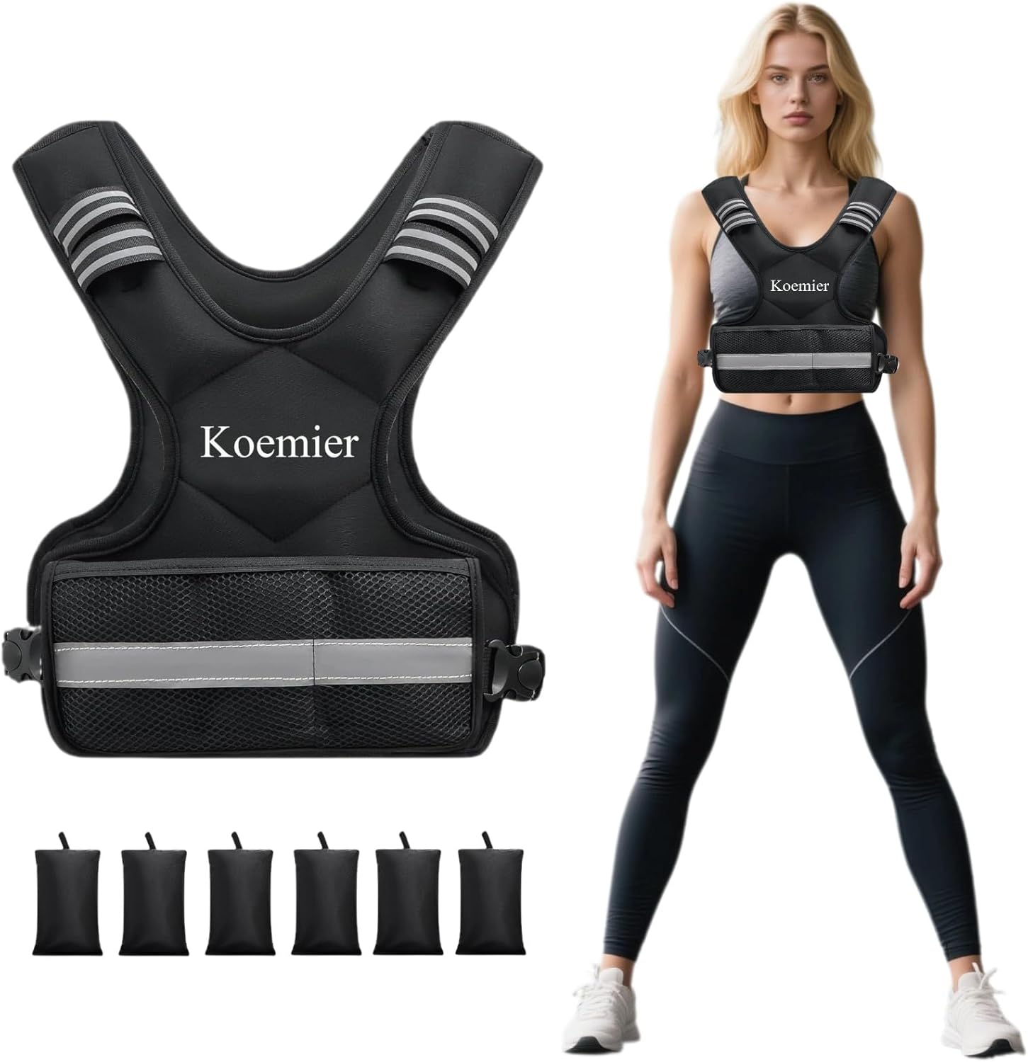 Adjustable Weighted Vest for Men and Women,4-10lb/11-20lb Vest with 6 Ironsand Weights,with Reflective Stripe,for Strength Training, Running, Fitness, Walking