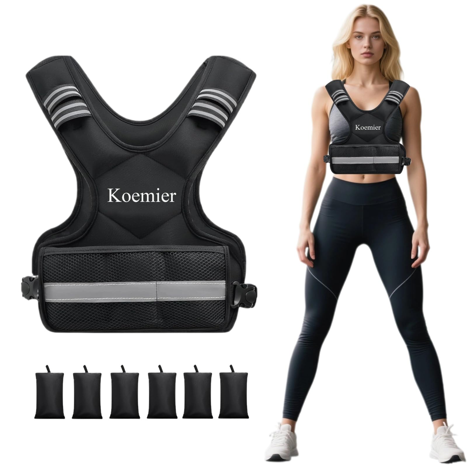 Adjustable Weighted Vest for Men and Women 4-10lb 11-20lb Vest with 6 Ironsand Weights with Reflective Stripe for