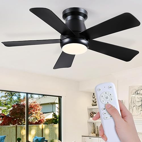 Ceiling Fan with Light, 40" Black Flush Mount Ceiling Fans with Remote Control,3CCT Dimmable LED, ABS 5-Fan Blades,Reversible Motor,Quiet Low Profile Indoor fandeliers for Bedroom Living Room