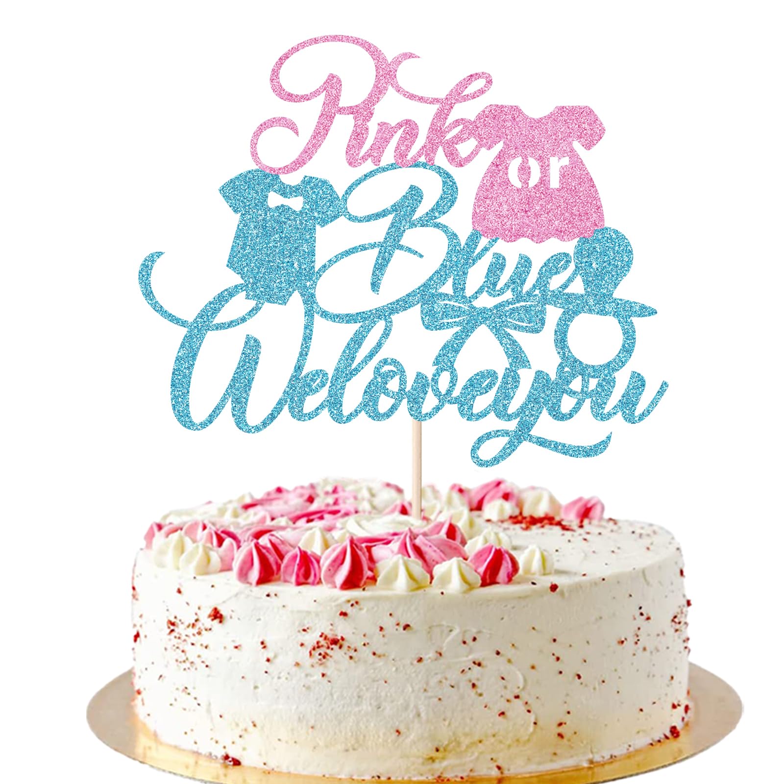 AROKIPPRY Pink or Blue We Love You Cake Topper with Footprint Gender Reveal Cake Decorations for Baby Shower Gender Reveal Theme Boys Girls Birthday Glitter Party Decoration Supplies