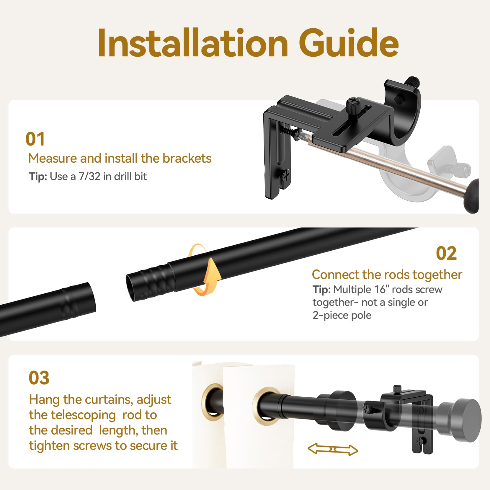 Long Curtain Rods - 32-144 Inch Adjustable -6