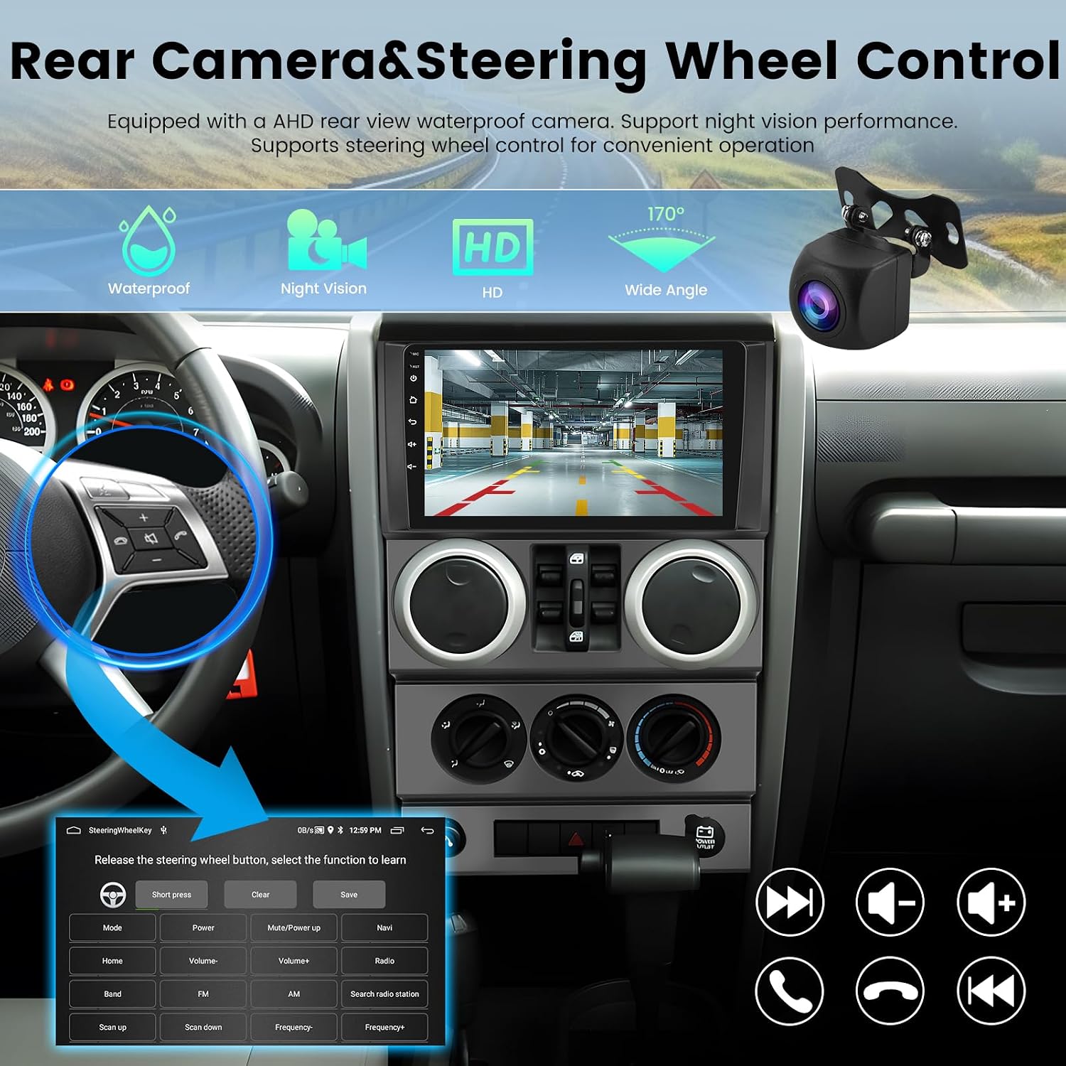 [2+64G] Android Stereo for Jeep Wrangler (4 Doors) 2007 2008 2009 2010-9 inch Touchscreen Wrangler Radio - Wireless Carplay and Android Auto, 5G/WiFi, DSP/EQ, GPS + AHD Rearview Camera + Canbus
