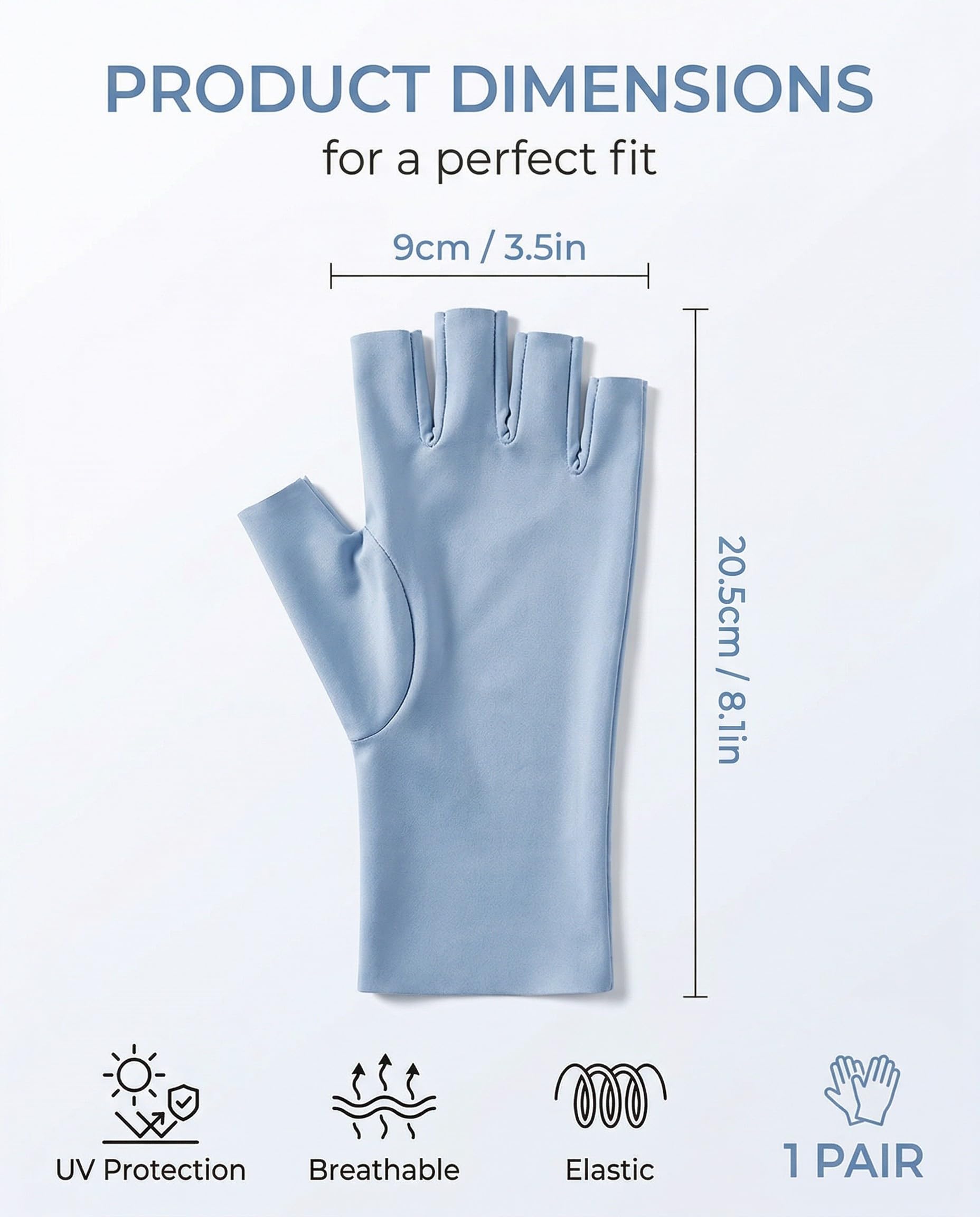 1 Paire Gants Anti UV, Mitaine Femme, Soie de Glace Gants Demi-Doigt de Conduite Anti-Soleil pour Femmes Gant sans Doigts Protection UV, Protection Solaire pour Filles e Femme (Bleu)