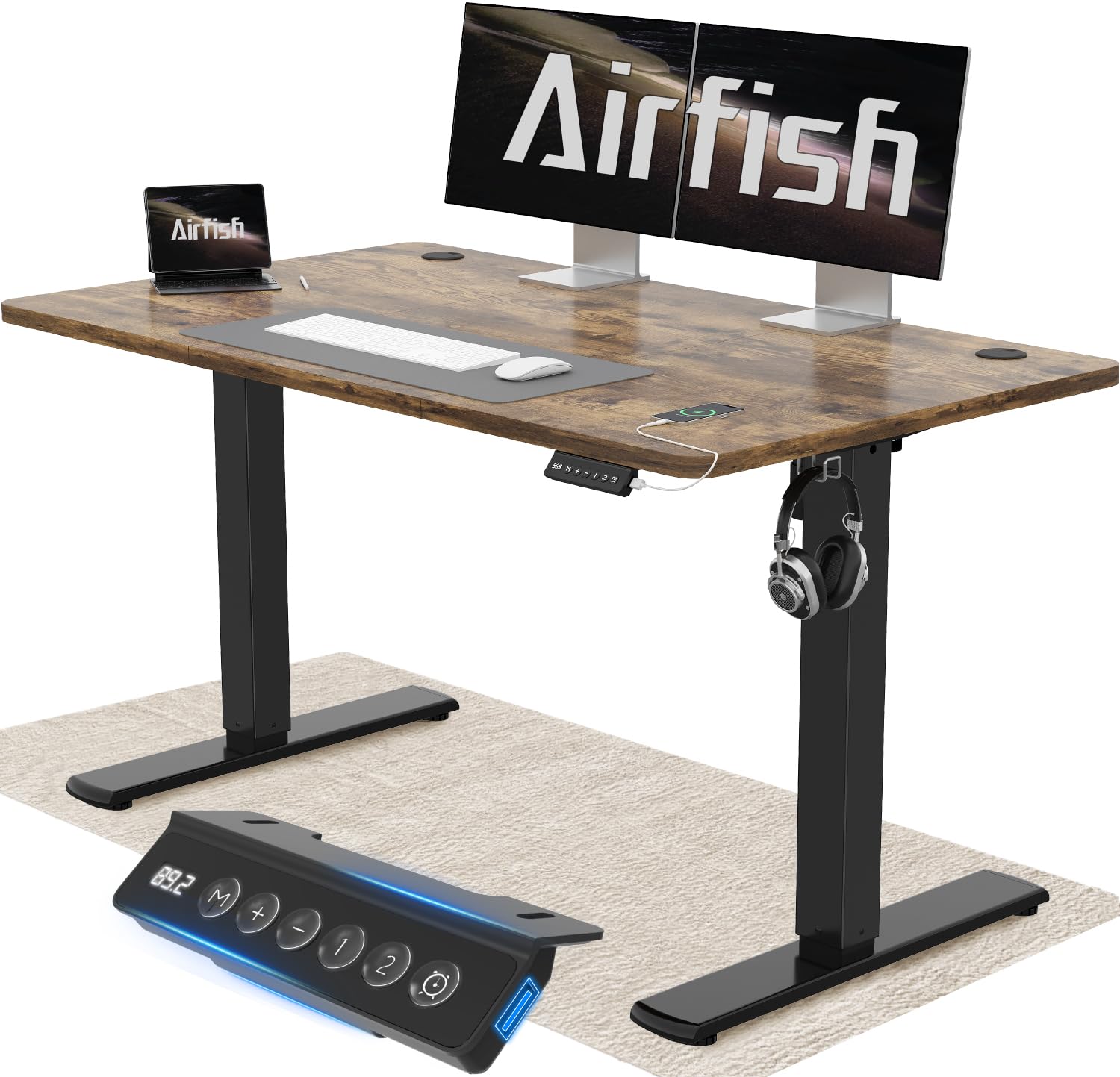 Airfish Höhenverstellbarer Schreibtisch 120x60cm mit USB-Buchse, Schreibtisch Höhenverstellbar Elektrisch mit Memory Funktion, 73-118cm, Weiß