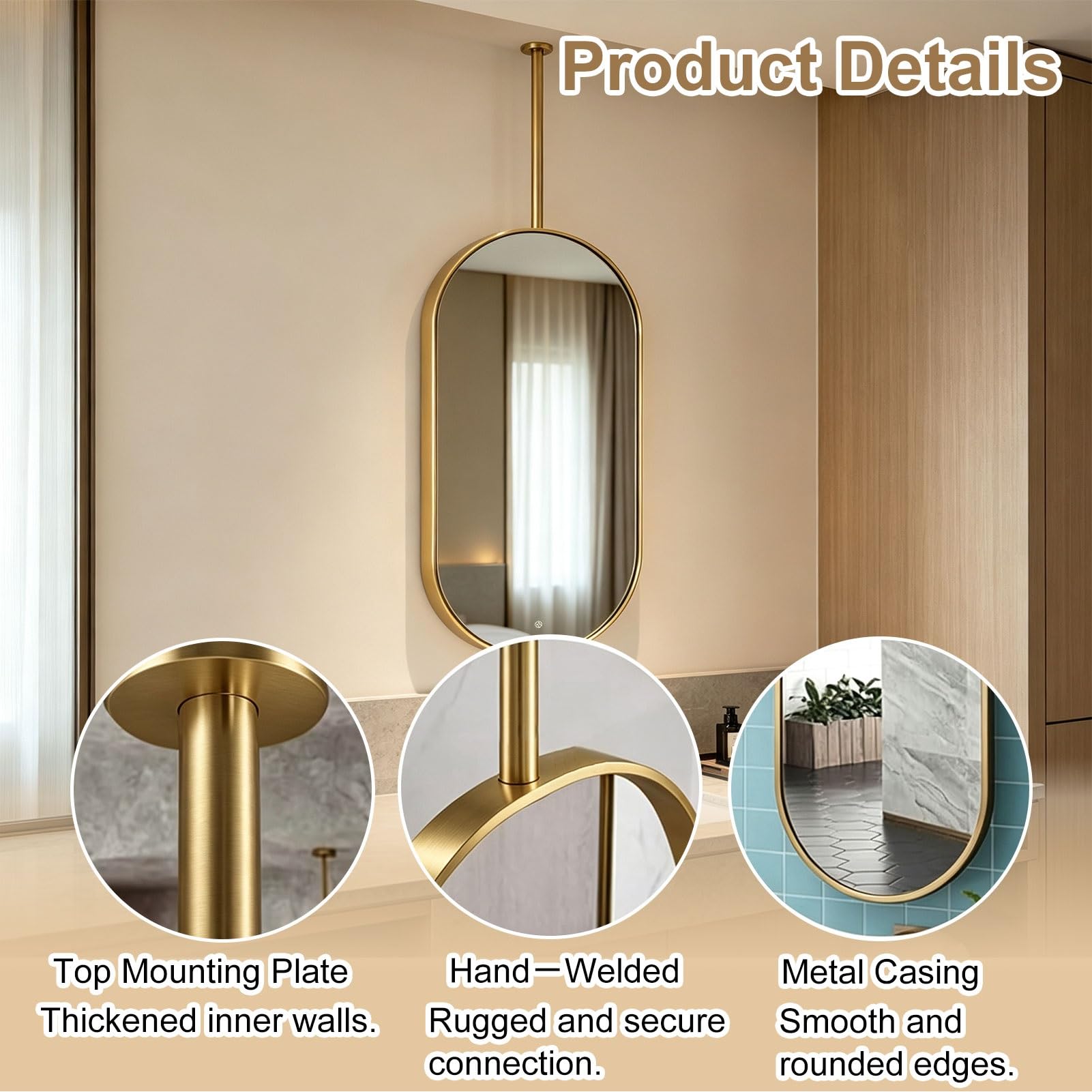 Miroirs de rasage vanité de salle de bains avec tige suspendue au plafond | Miroir monté au plafond avec cadre et flèche en acier inoxydable brossé(Gold,40cmx80cm)