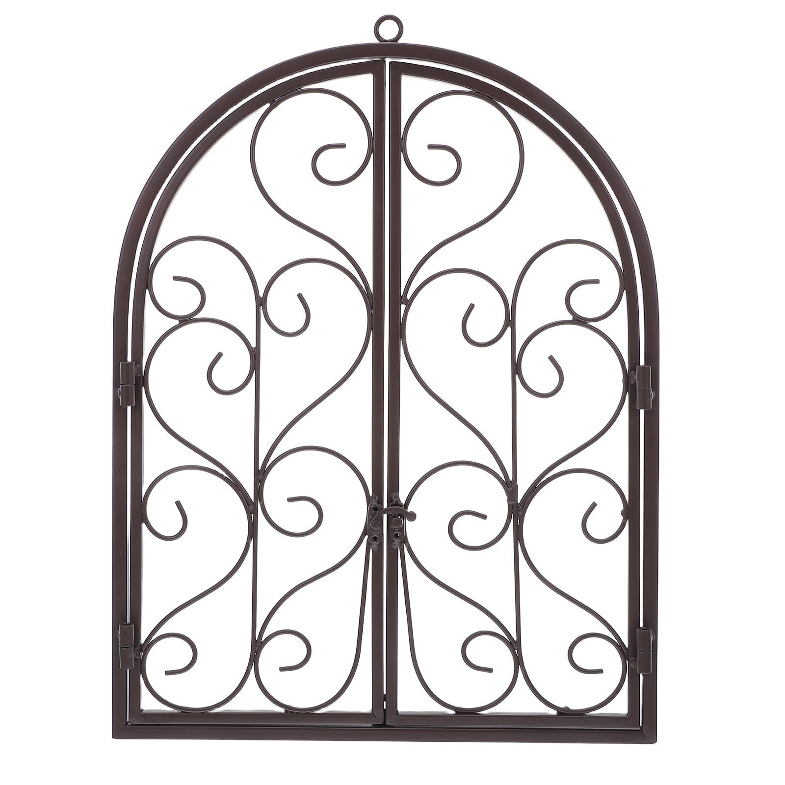 GRIRIW Eisen Wanddekoration gewölbtes Fenster mit wetterbeständigem Design für Garten und Hof im rustikalen Landhausstil brauner dekorativer Fensterrahmen
