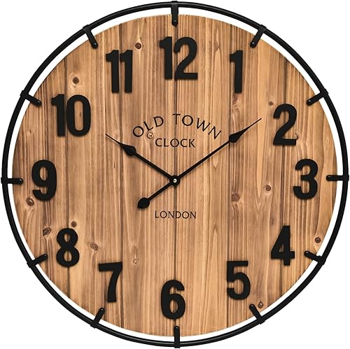Reloj de pared grande de 20 pulgadas con diseño rústico de madera antigua con círculo de metal y números grandes, silencioso, funciona con pilas,