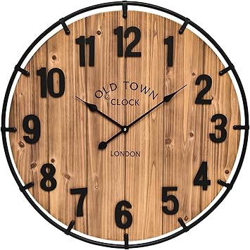 EMAX HOME Large Old Town Farmhouse Wall Clock 20 Inches - Rustic Antique Wood with Metal Circle and Large Numerals Silent Battery Operated Wall Clock for Office Kitchen Bedroom Living Room