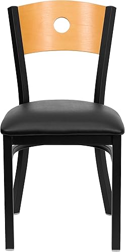 Miniatura 7 de Flash Furniture HERCULES Series Silla de restaurante de metal con respaldo circular negro, respaldo de madera natural, asiento de vinilo negro
