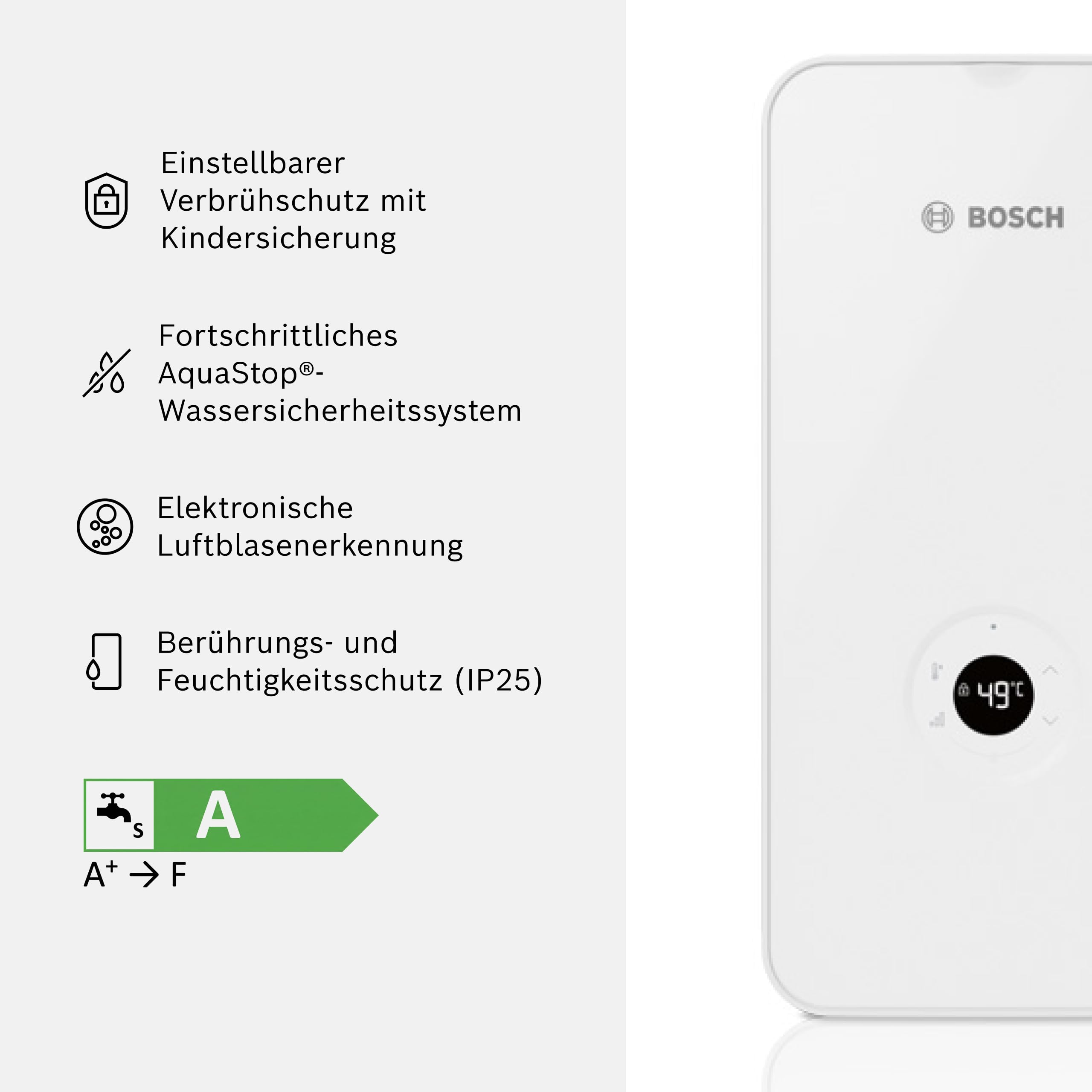 Bosch Tronic Advanced AquaStop, Durchlauferhitzer, 21/24/27 kW | Solarfähig, Nachrüstbare Internetfähigkeit, Druckfest, LED-Display, Energieklasse A