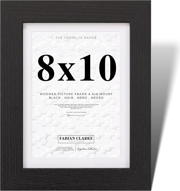 Fabian Clarke London® 10x8 Picture Photo Frame Black with 8x6 White Mount Hang Portrait or Landscape