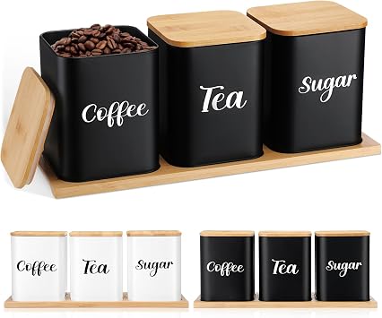 Tioncy Coffee Tea Sugar Container with Tray Set of 3 Airtight Metal Canister with Bamboo Lid Tray for Kitchen Counter Dining Room Farm House Kitchen Style Drink Station Organizer Set Black
