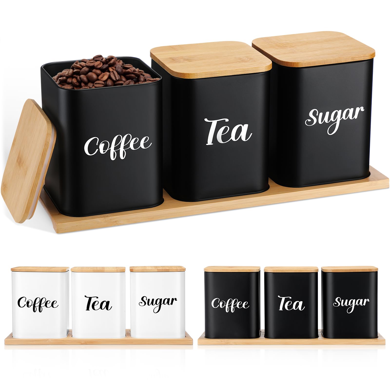 Tioncy Set of 3 Coffee Tea Sugar Container with Tray Airtight Metal Canister with Bamboo Lid Tray for Kitchen Counter Dining Room Farm House Kitchen Style Drink Station Organizer Set(Black) — image 1