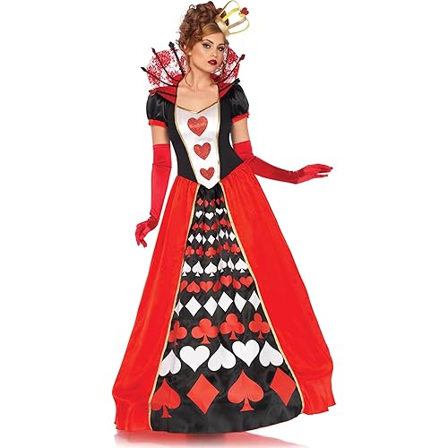 Leg Avenue Womens 2 Pc Deluxe Queen of Hearts With Card Suit Ball Gown, Crown Adult Sized Costumes