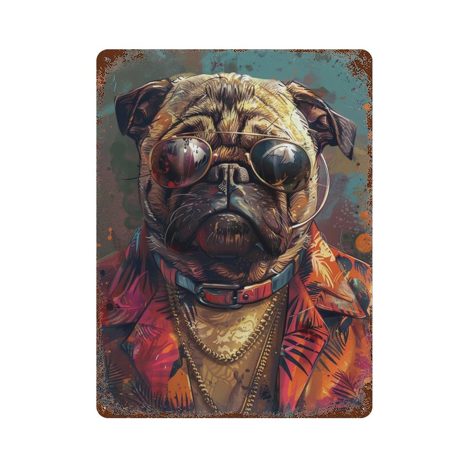 Stylish Pug with Sunglasses Rust Effect Tin Sign 15.7"x11.8", Farmhouse Wall Decor for Living Room, Hallway And Home Decor