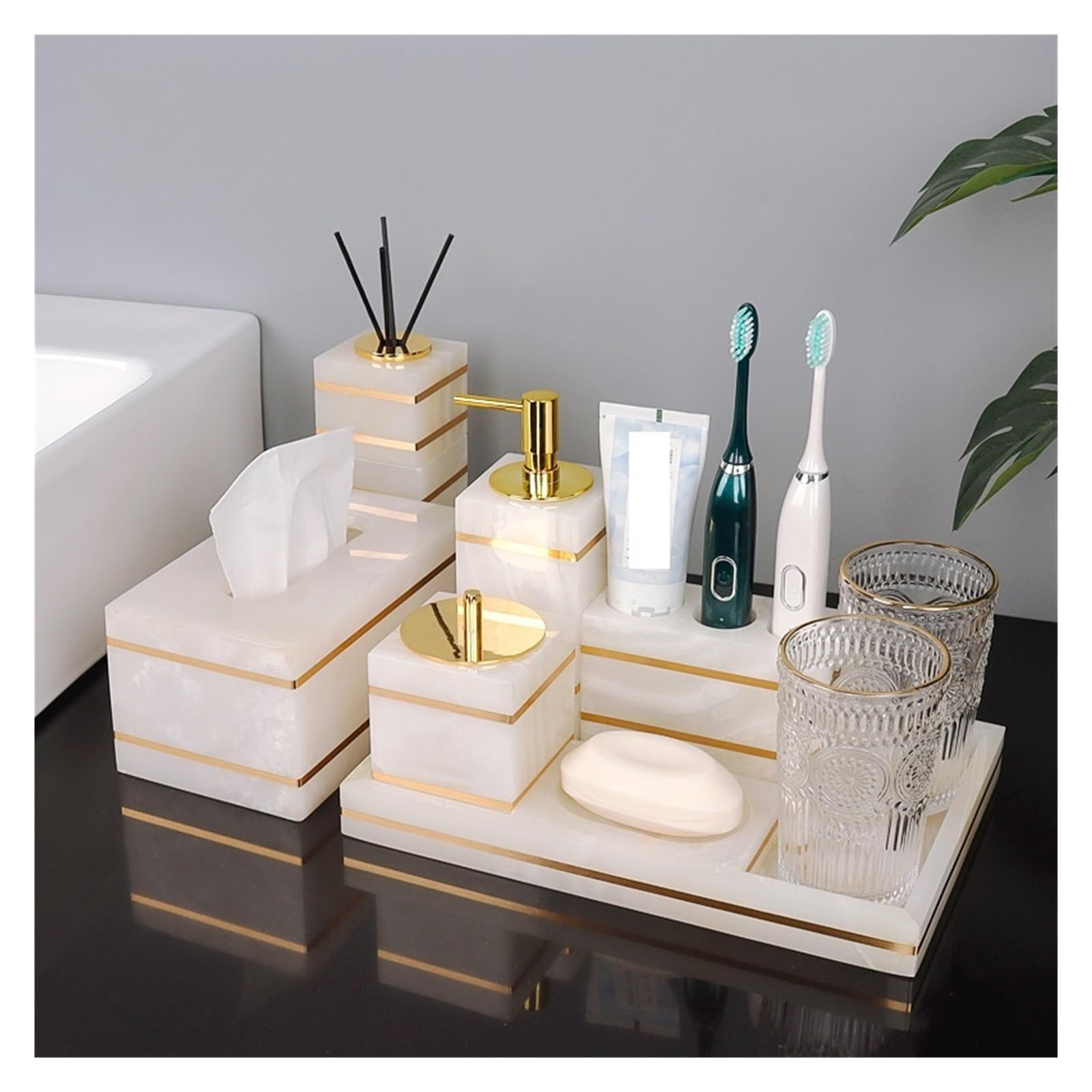 Set Dispensador Jabon Baño Accesorios de baño de mármol natural blanco, dispensador de jabón dorado de lujo, soporte for cepillo de dientes, juego de bandeja for jabonera for baño(Cotton swab can B)