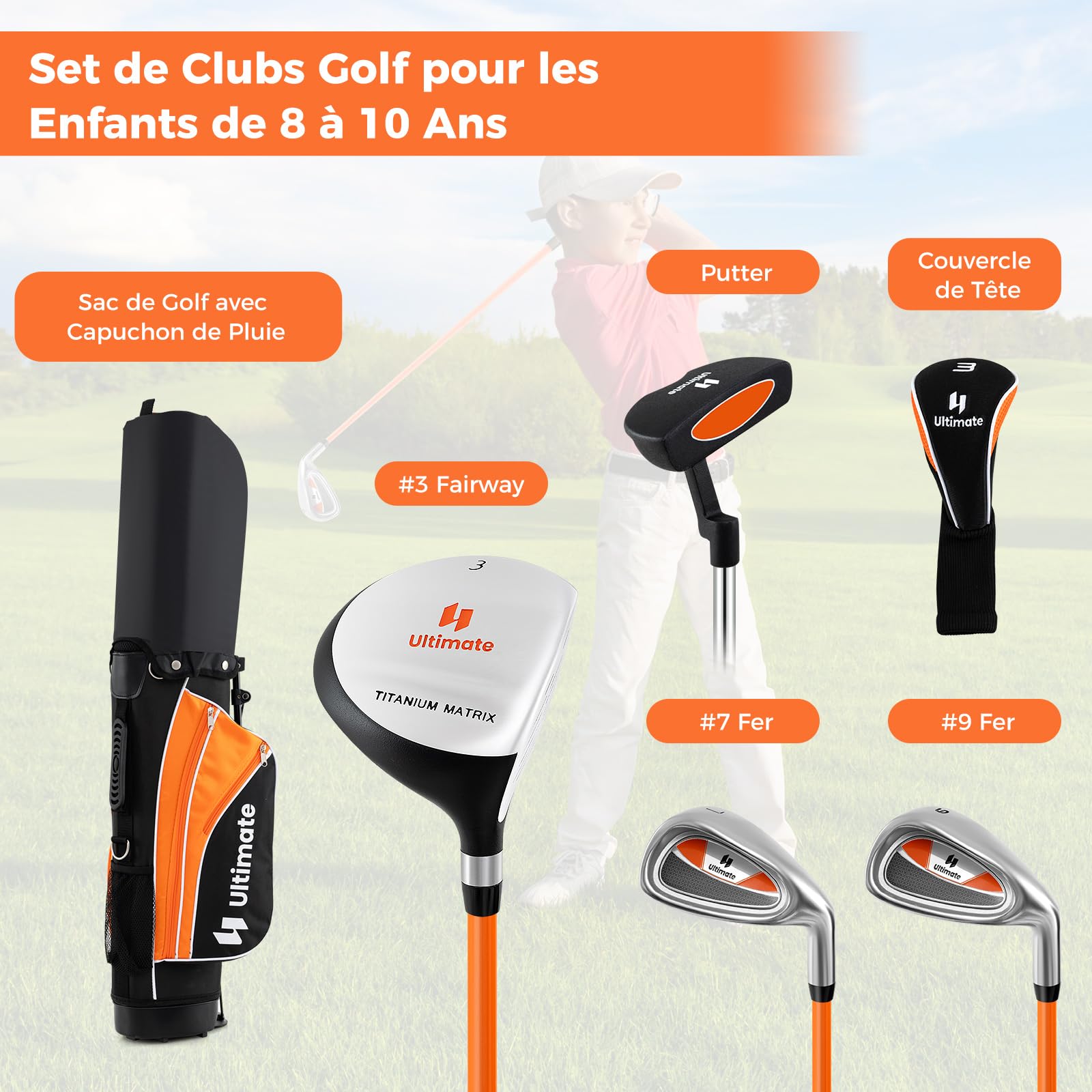 COSTWAY Ensemble de Golf Complet pour Enfants, avec 205CC #3 Fairway #7 & #9 Fers Putter Couvre-tête et Sac de Support & Protecteur de Pluie, pour Enfants