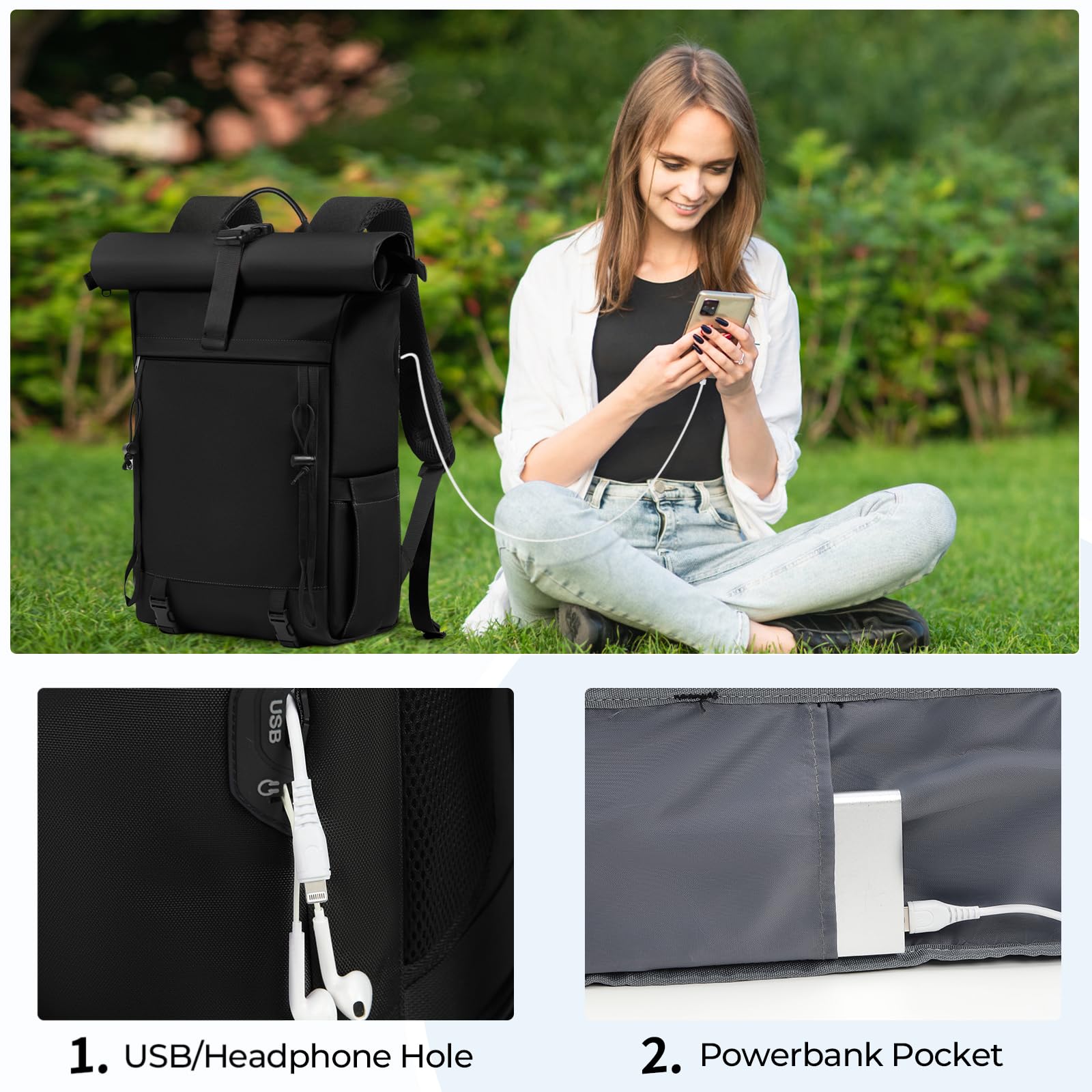 RAINSMORE Rolltop Rucksack Damen Herren, Rucksack Wasserdicht, Laptop Rucksack 17 Zoll Groß Reiserucksack Daypacks Backpack Wanderrucksack Schwarz