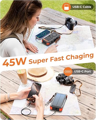 Miniatura 2 de BLAVOR Cargador solar de batería de 45 W, cables integrados, cargador portátil inalámbrico de 20000 mAh con USB C, PD QC de carga rápida impermeable