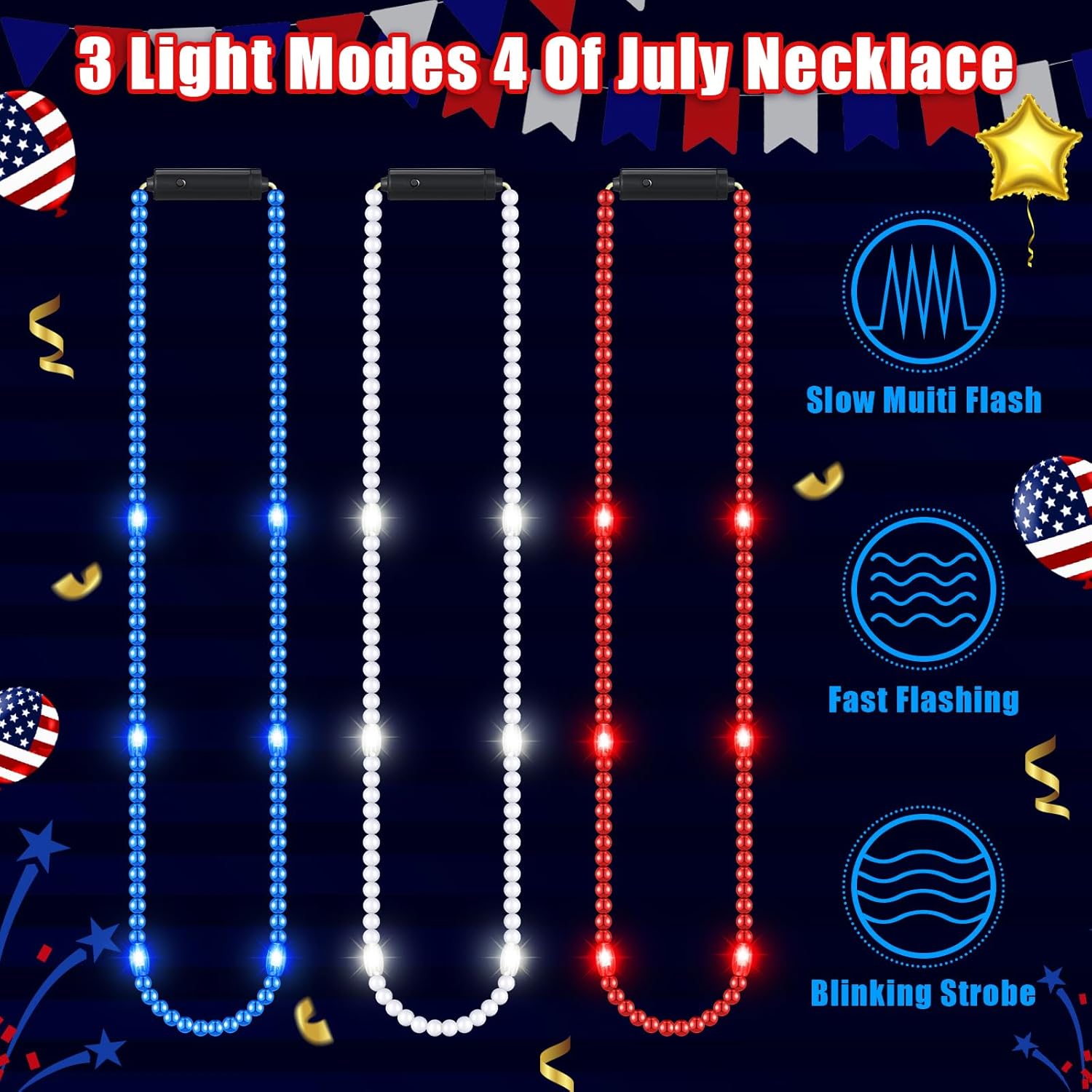 4th of July Bead Necklace Light up LED Neon Beaded Necklaces Bulk Patriotic Red White and Blue Star Accessories for Independence Day Memorial Day Events Party Celebration